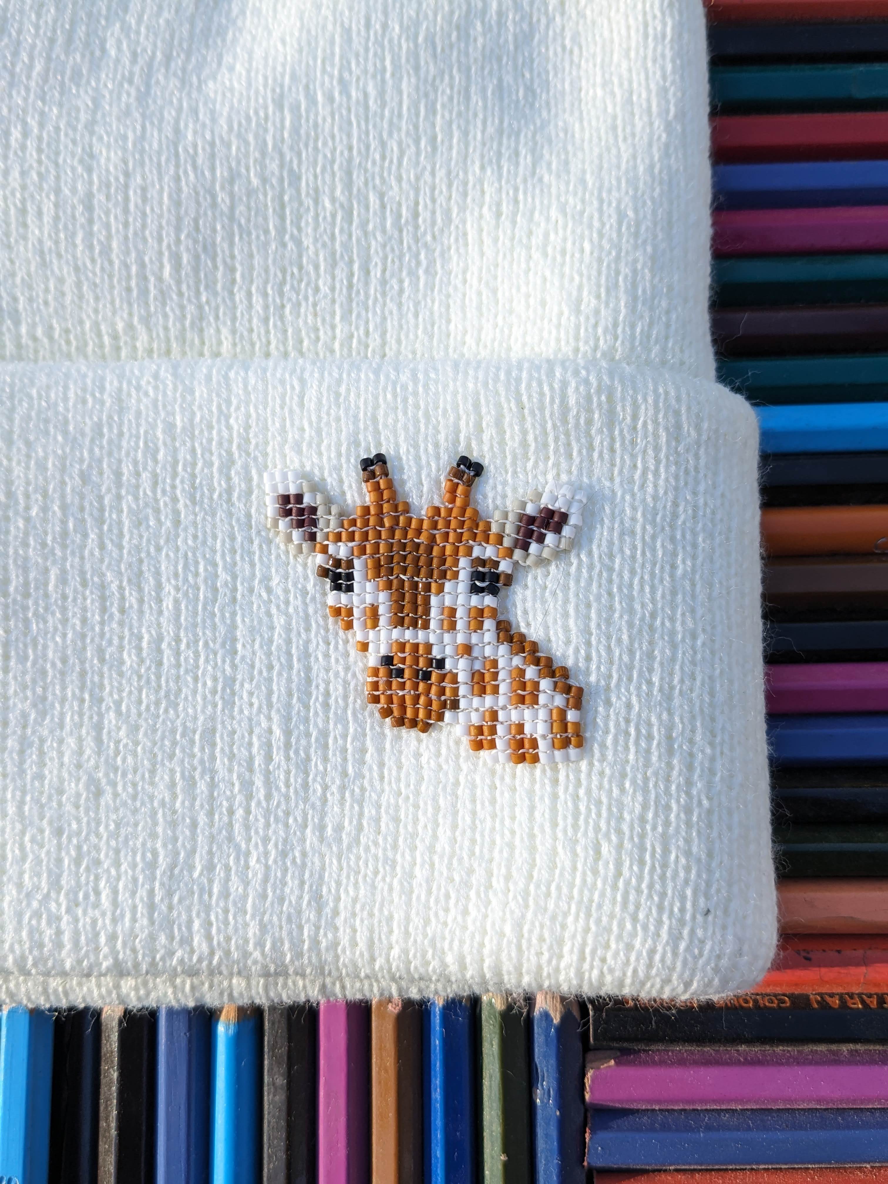 Children's Knit Hat with Beaded Giraffe