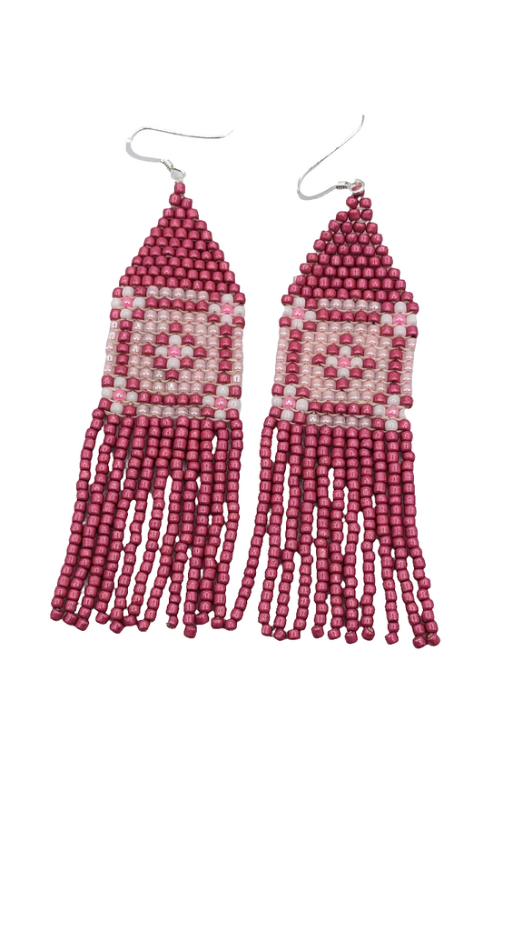 Pink flower and fringe beaded earrings