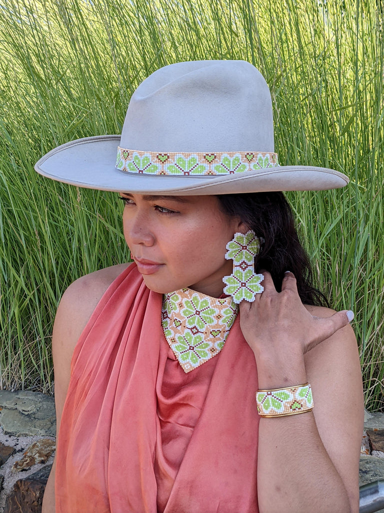 Terracotta and lime breaded bandana on model